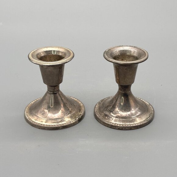 Vintage Silver Plated Taper Candle Holders With Beaded Rim And Classic Rounded - Picture 1 of 6